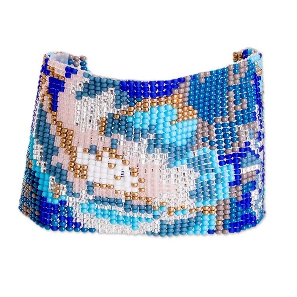 Alternate image for Adjustable Blue and Beige Glass Beaded Wristband Bracelet Serene Winds