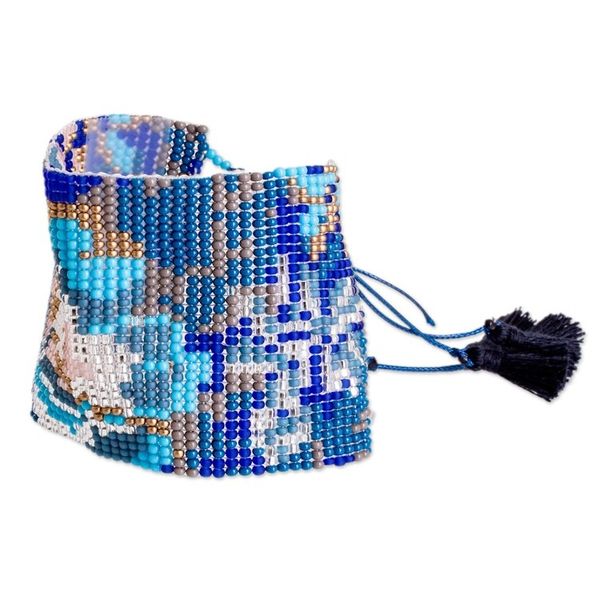 Alternate image for Adjustable Blue and Beige Glass Beaded Wristband Bracelet Serene Winds