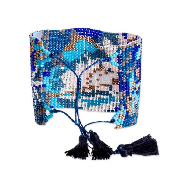 Alternate image for Adjustable Blue and Beige Glass Beaded Wristband Bracelet Serene Winds