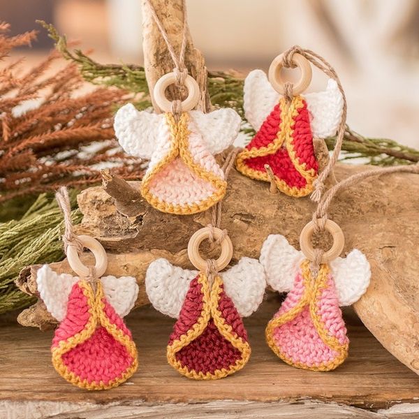 Alternate image for Set of 5 Handmade Pink-Toned Cotton and Wood Angel Ornaments Adorable Hope