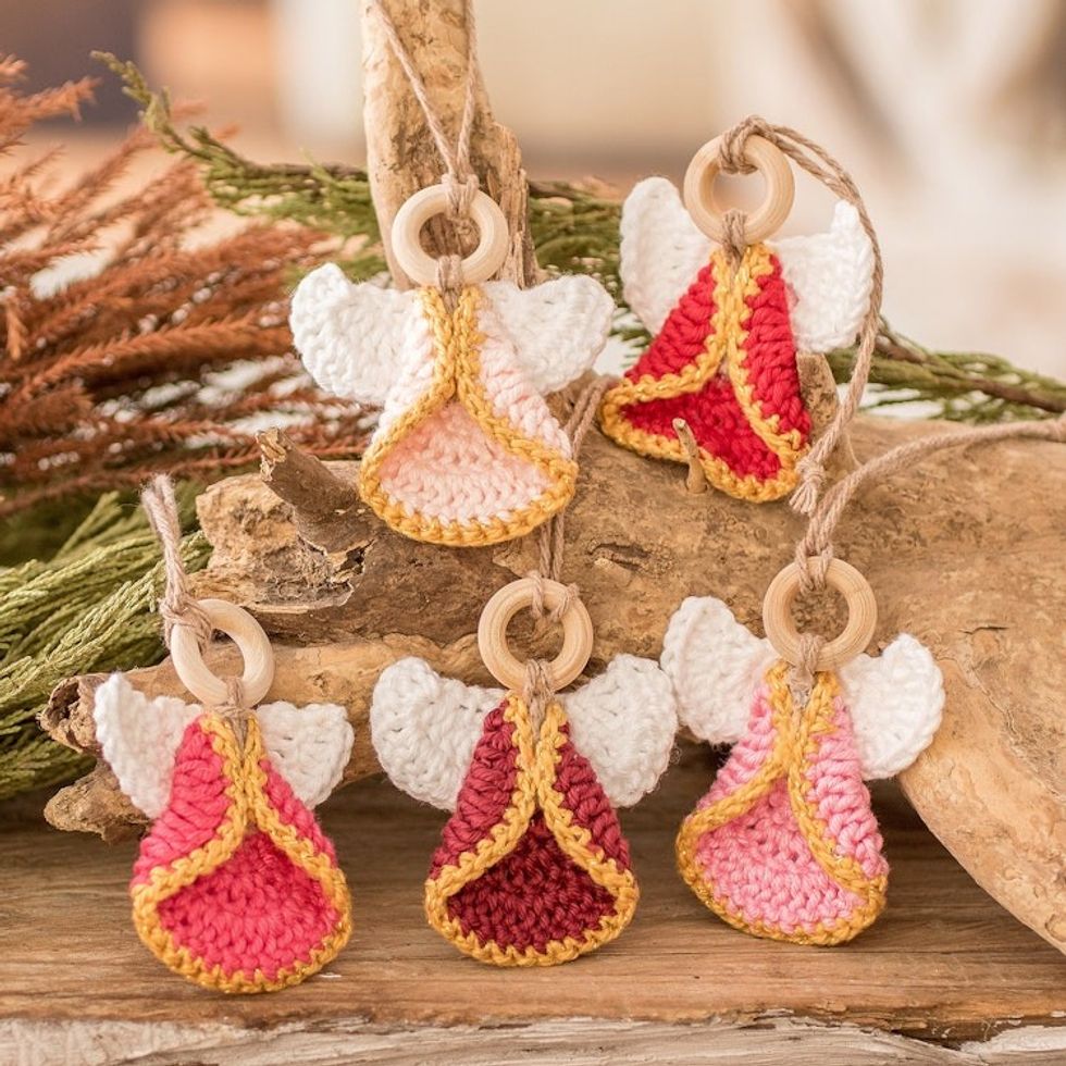 Set of 5 Handmade Pink-Toned Cotton and Wood Angel Ornaments 'Adorable Hope'