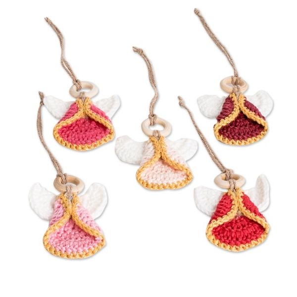 Alternate image for Set of 5 Handmade Pink-Toned Cotton and Wood Angel Ornaments Adorable Hope