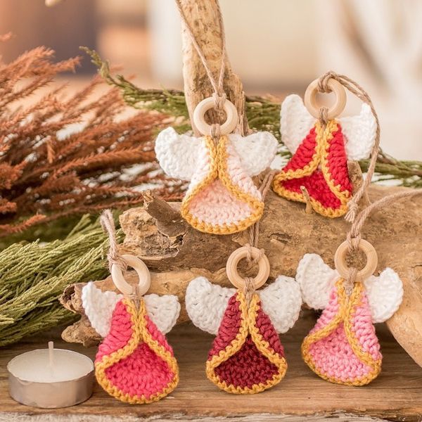 Alternate image for Set of 5 Handmade Pink-Toned Cotton and Wood Angel Ornaments Adorable Hope