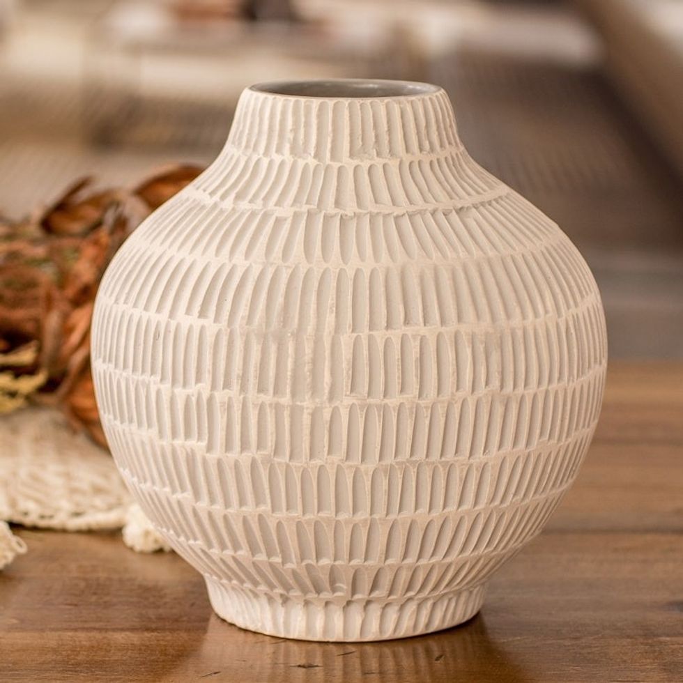 Hand-Painted Textured Ceramic Vase in Ivory and Grey 'Exquisite Shape in Grey'