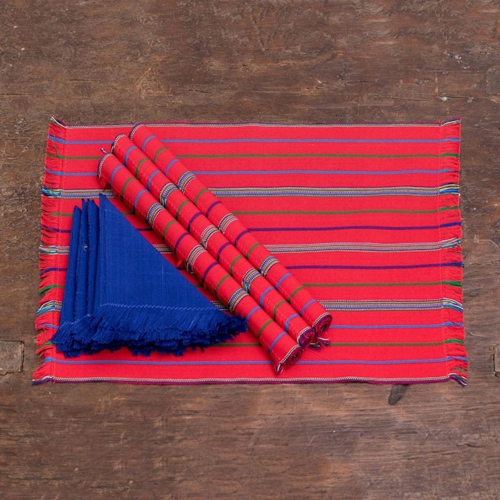 Striped 8-Piece Strawberry Cotton Placemat with Napkin Set 'Palopo in Red'