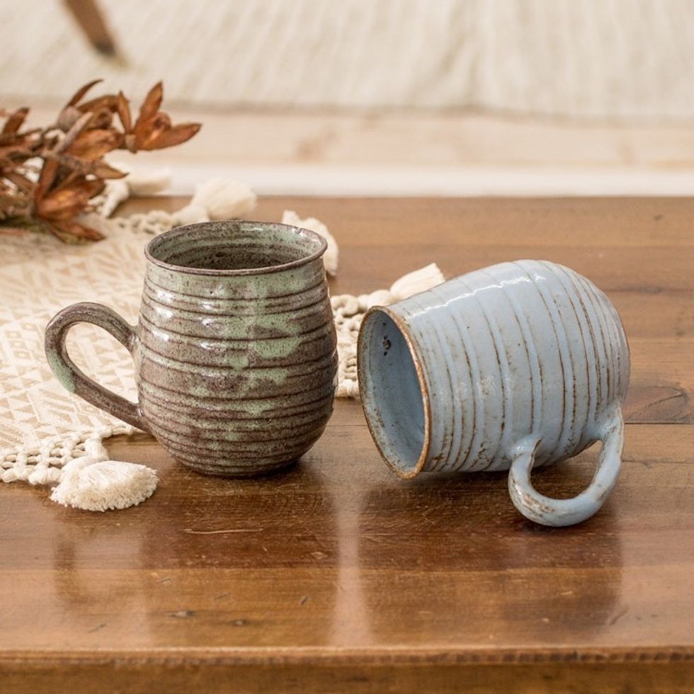 Set of 2 Handmade Striped Sky Blue and Green Ceramic Mugs 'Cozy Aroma'