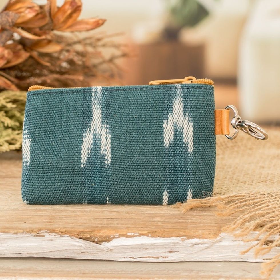 Handwoven Patterned Teal Cotton Coin Purse with Zipper 'Calm Waters'