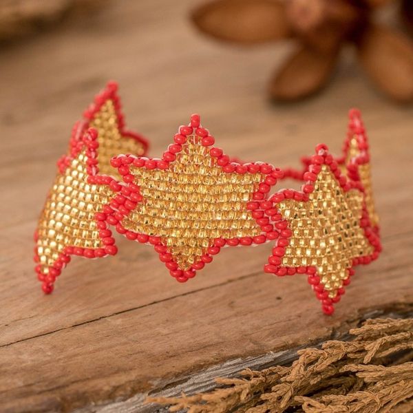 Alternate image for Red and Golden-Hued Handmade Beaded Bracelet with Star Motif Honey Starlight