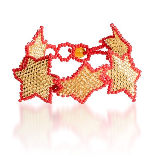 Alternate image for Red and Golden-Hued Handmade Beaded Bracelet with Star Motif Honey Starlight