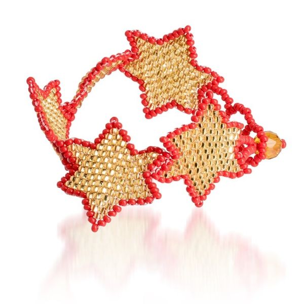 Alternate image for Red and Golden-Hued Handmade Beaded Bracelet with Star Motif Honey Starlight