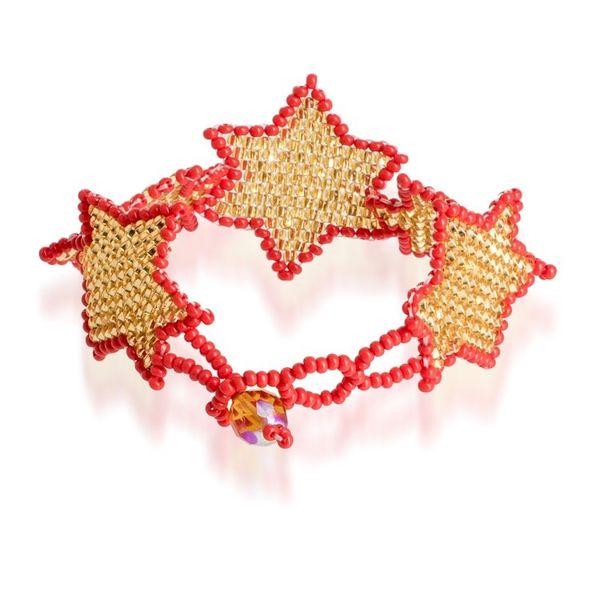 Alternate image for Red and Golden-Hued Handmade Beaded Bracelet with Star Motif Honey Starlight