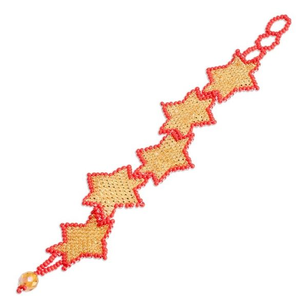 Alternate image for Red and Golden-Hued Handmade Beaded Bracelet with Star Motif Honey Starlight