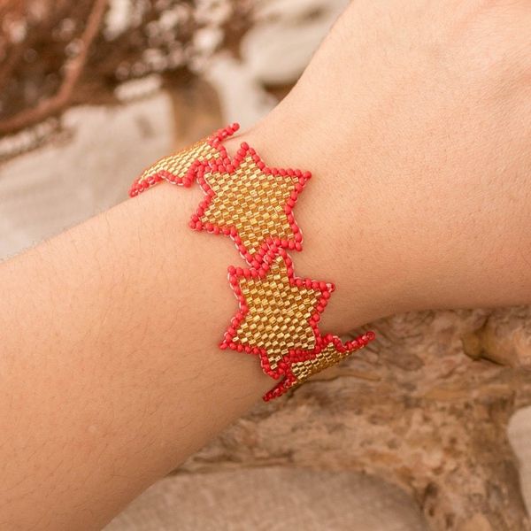 Alternate image for Red and Golden-Hued Handmade Beaded Bracelet with Star Motif Honey Starlight