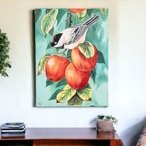 Alternate image for Nature-Themed Impressionist Oil Bird and Fruit Painting Black-Capped Chickadee