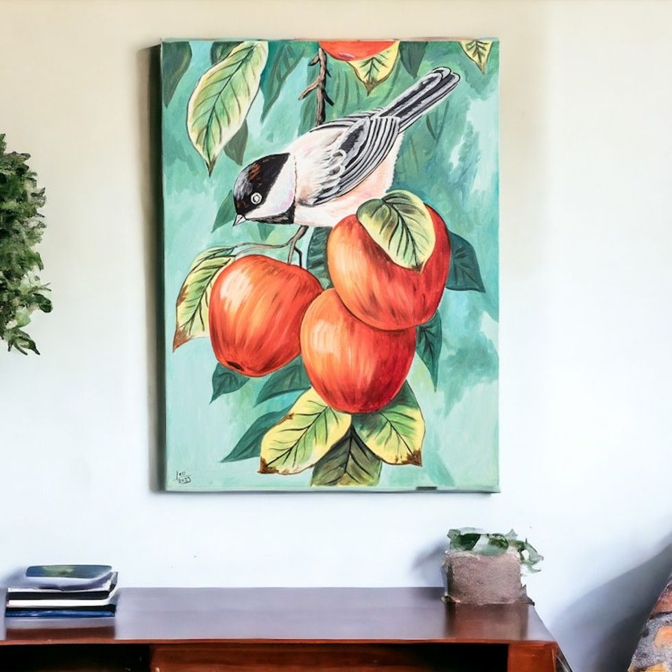 Nature-Themed Impressionist Oil Bird and Fruit Painting 'Black-Capped Chickadee'