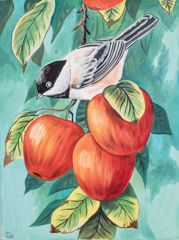 Alternate image for Nature-Themed Impressionist Oil Bird and Fruit Painting Black-Capped Chickadee