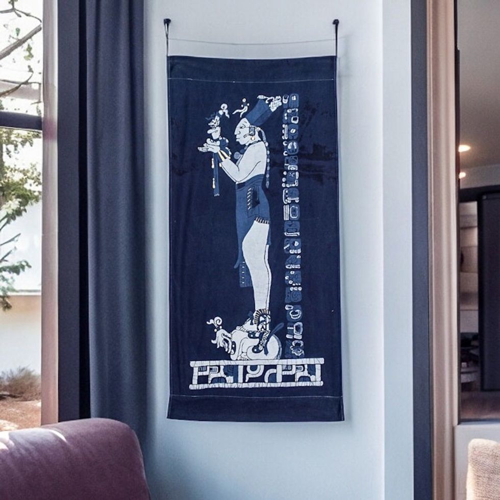 Batik Blue and White Cotton Wall Hanging of Maya Sun Priest 'Offering to the Sun'