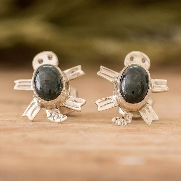 Alternate image for Sterling Silver Dark Green Jade Sea Turtle Button Earrings Dark Green Marine Turtle