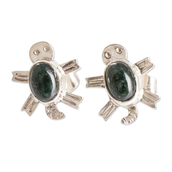 Alternate image for Sterling Silver Dark Green Jade Sea Turtle Button Earrings Dark Green Marine Turtle