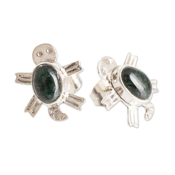 Alternate image for Sterling Silver Dark Green Jade Sea Turtle Button Earrings Dark Green Marine Turtle