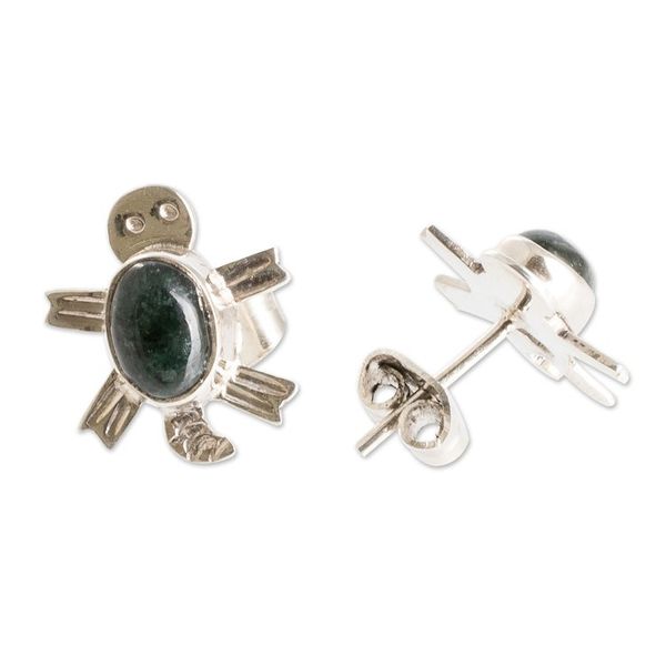 Alternate image for Sterling Silver Dark Green Jade Sea Turtle Button Earrings Dark Green Marine Turtle