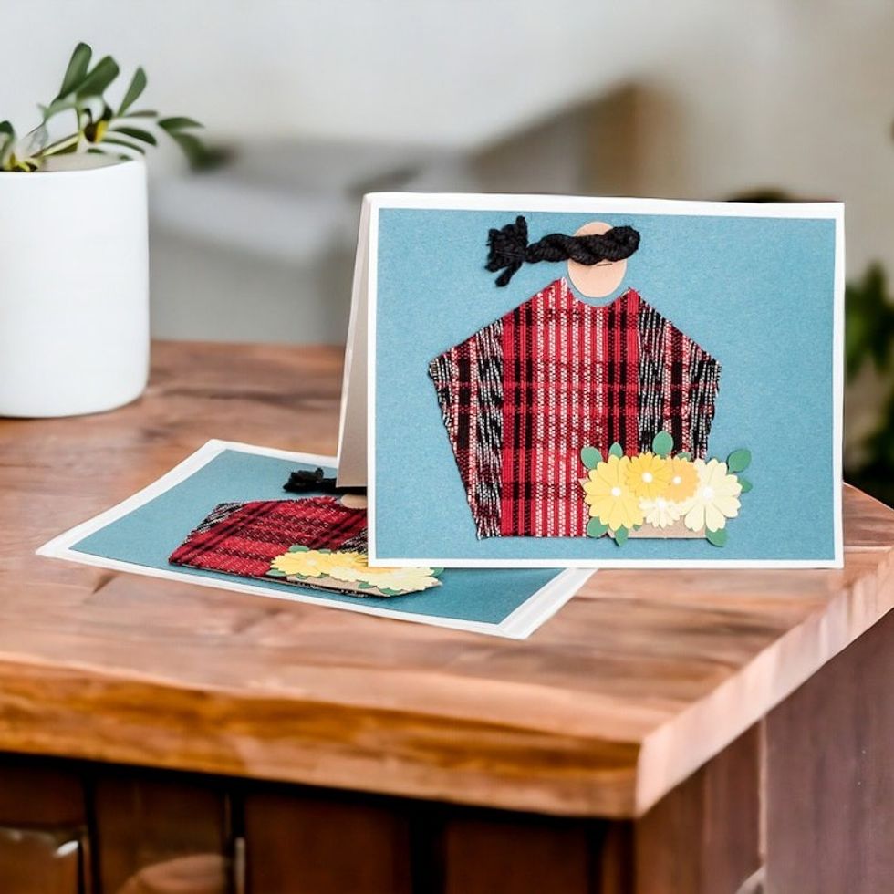 Pair of Blue Greeting Cards with Hand-Woven Cotton Accents 'Maya Beauty'