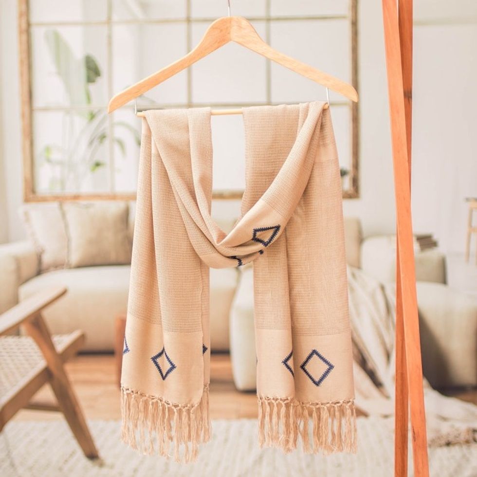 Rhombus-Themed Beige Blue Handloomed Fringed Cotton Scarf 'Geometric Charm'