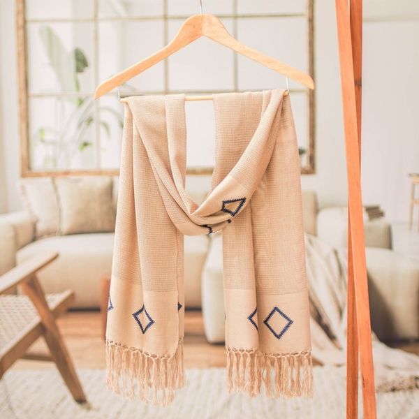 Alternate image for Rhombus-Themed Beige Blue Handloomed Fringed Cotton Scarf Geometric Charm