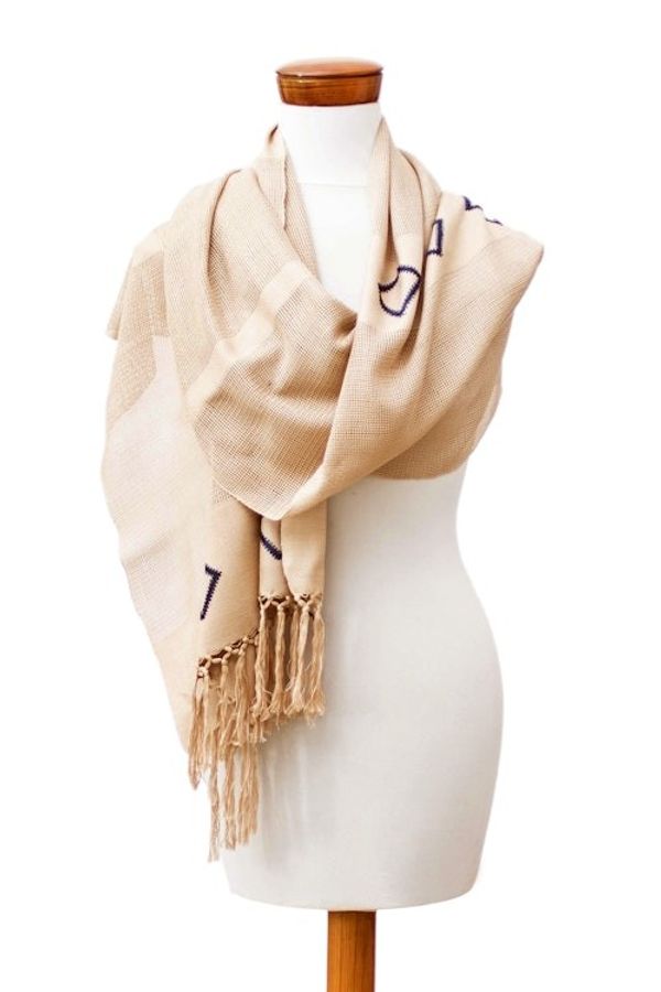 Alternate image for Rhombus-Themed Beige Blue Handloomed Fringed Cotton Scarf Geometric Charm
