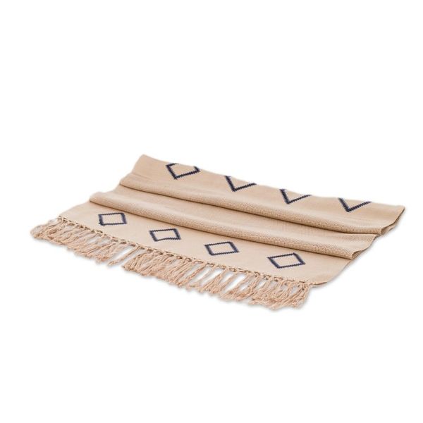 Alternate image for Rhombus-Themed Beige Blue Handloomed Fringed Cotton Scarf Geometric Charm