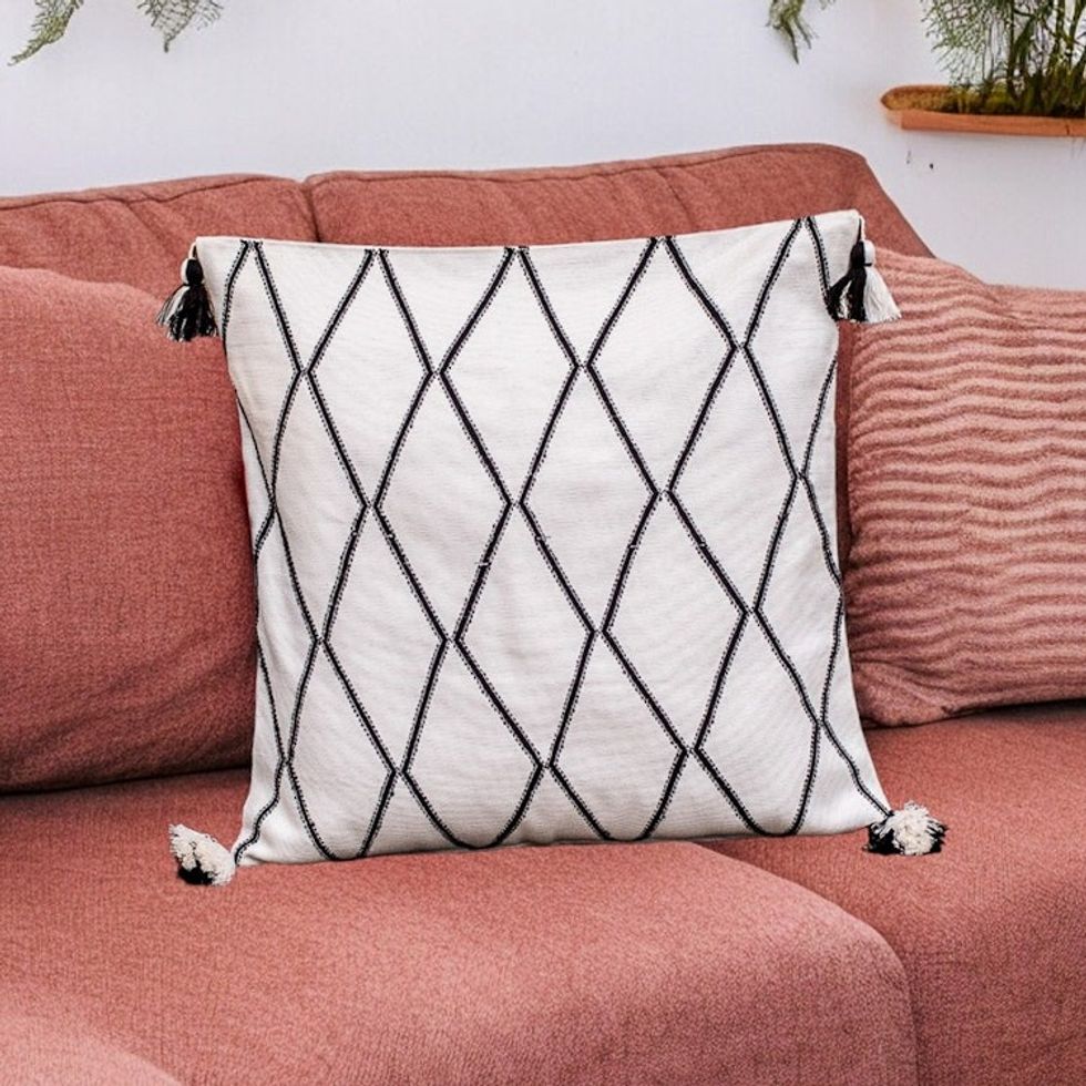 Diamond-Patterned Ivory and Black Cotton Cushion Cover 'Ivory of Diamonds'