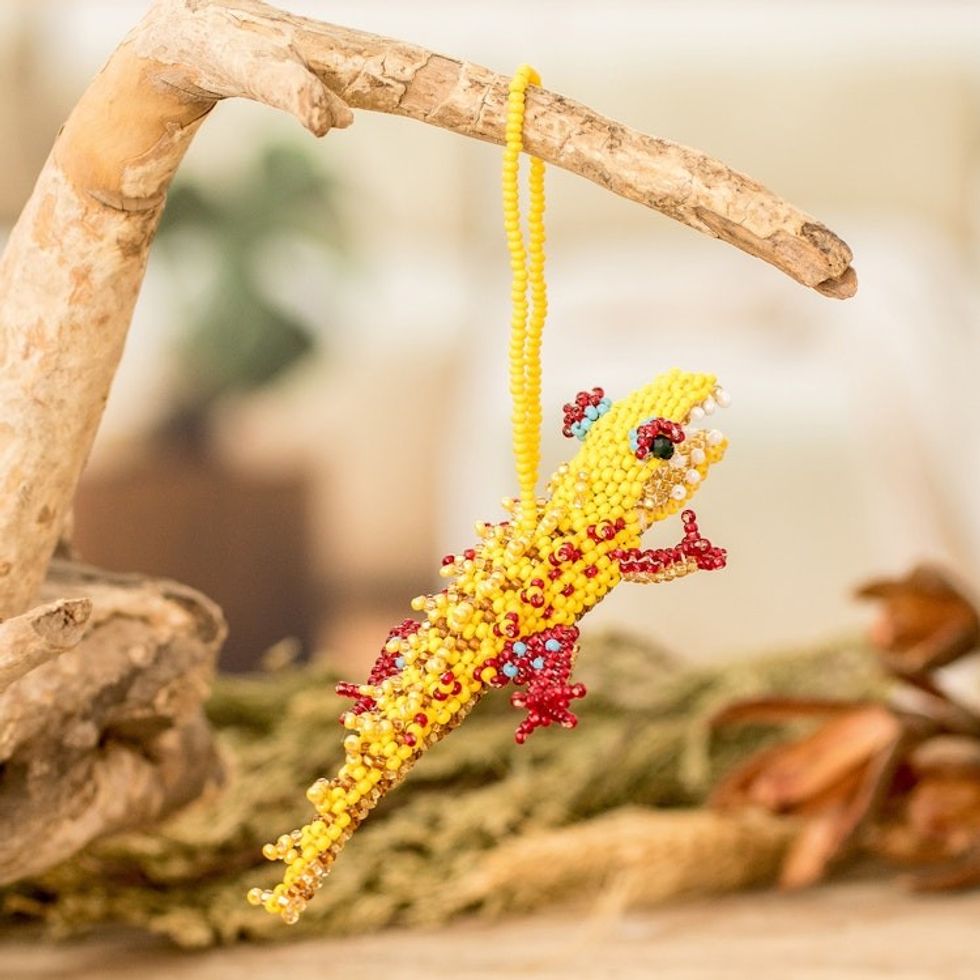 Glass Beaded Crocodile-Themed Ornament in Yellow and Red 'Vibrant Ferocious Friend'