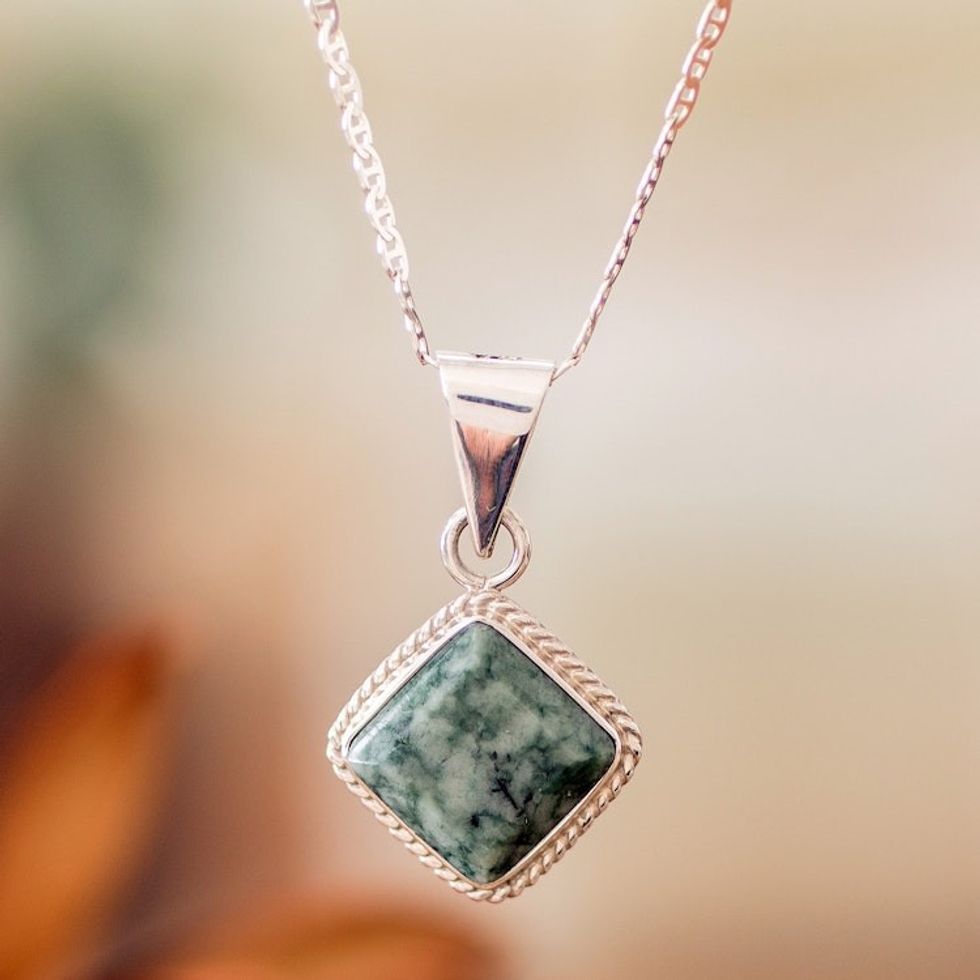 Silver Necklace with Rhombus-Shaped Green Jade Pendant 'Light Green Diamond'