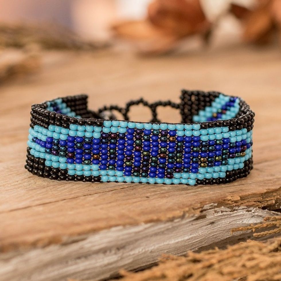 Dark Blue and Black Glass Beaded Mosaic Wristband Bracelet 'Marine Harmony'