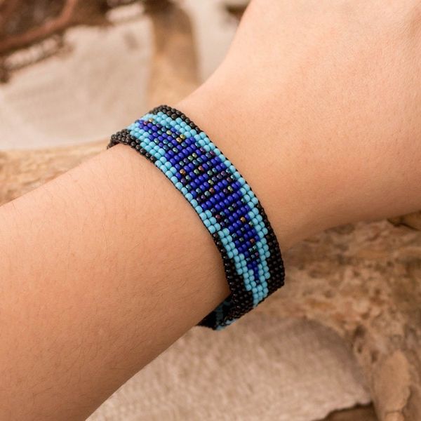 Alternate image for Dark Blue and Black Glass Beaded Mosaic Wristband Bracelet Marine Harmony