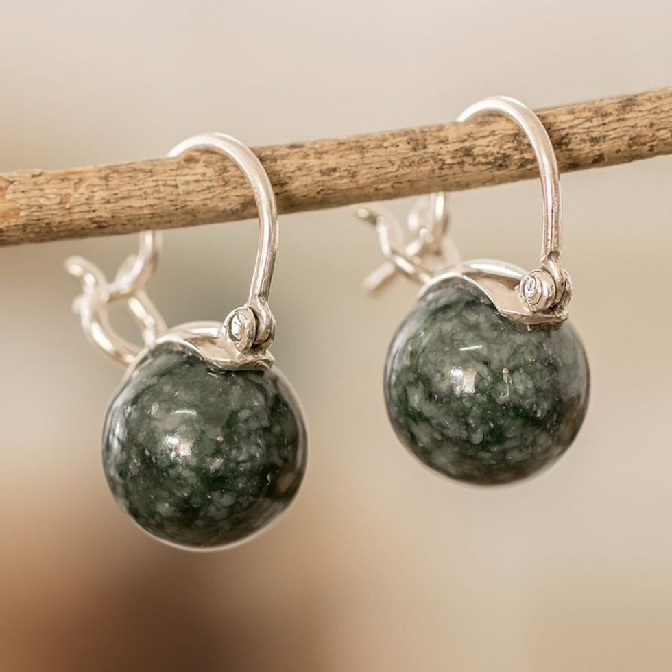 Sterling Silver Hoop Earrings with Dark Green Jade Gems 'Vigorous Soul'