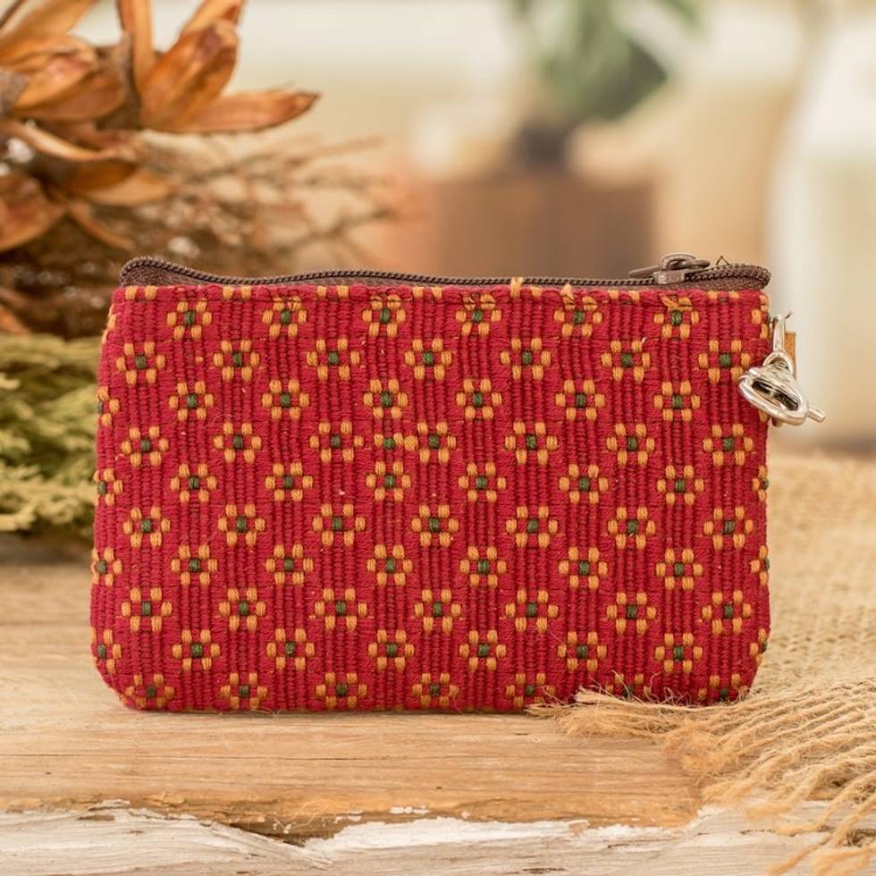 Floral-Themed Leather-Accented Handwoven Cotton Coin Purse 'Cherry Ditsy'