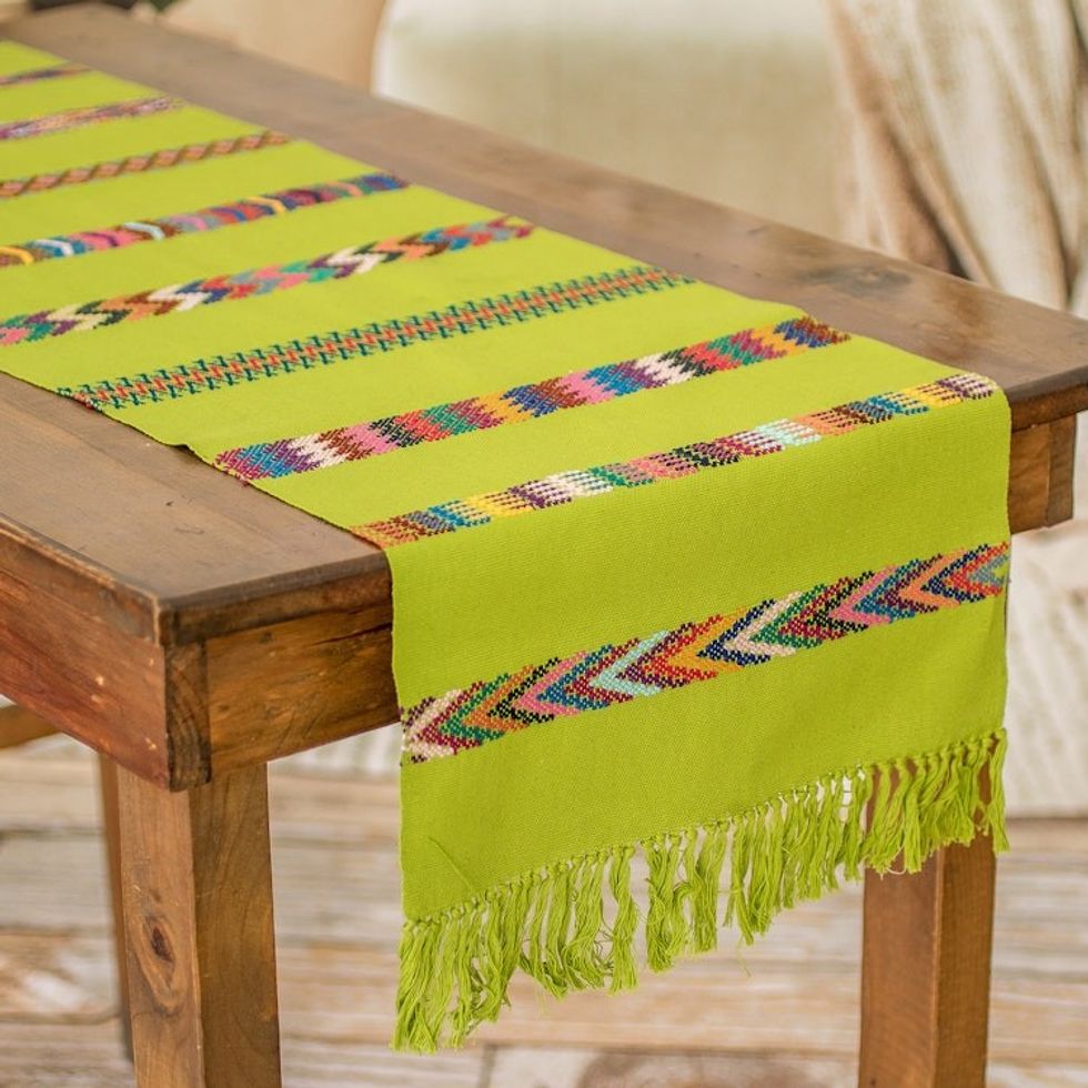 Handloomed Striped Green Cotton Table Runner with Fringes 'Route to the Forest'