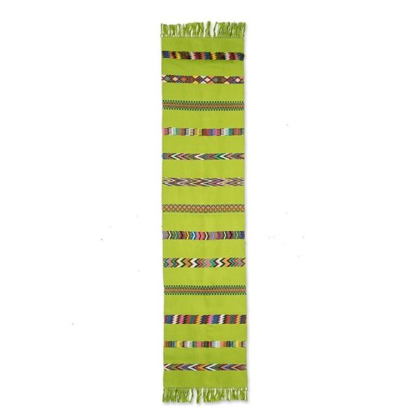 Alternate image for Handloomed Striped Green Cotton Table Runner with Fringes Route to the Forest