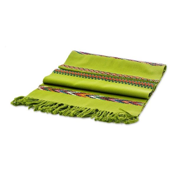 Alternate image for Handloomed Striped Green Cotton Table Runner with Fringes Route to the Forest