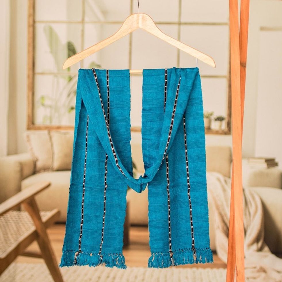 Guatemalan-Made Handwoven Teal Cotton Scarf with Fringes 'Luxurious Paths'