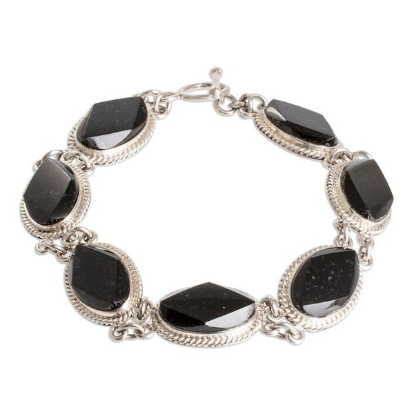 Alternate image for Sterling Silver Link Bracelet with Oval Black Jade Stones Faceted Ovals