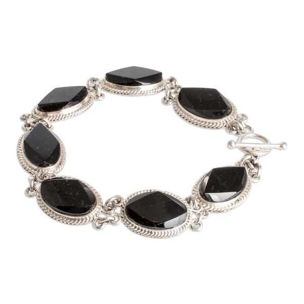 Alternate image for Sterling Silver Link Bracelet with Oval Black Jade Stones Faceted Ovals