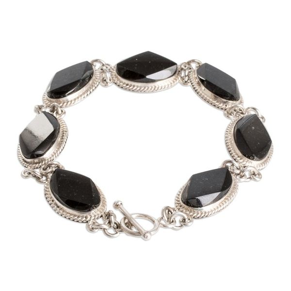 Alternate image for Sterling Silver Link Bracelet with Oval Black Jade Stones Faceted Ovals