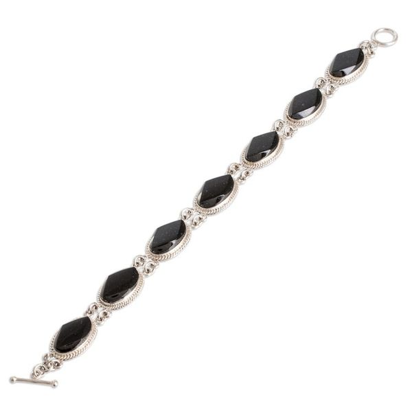 Alternate image for Sterling Silver Link Bracelet with Oval Black Jade Stones Faceted Ovals