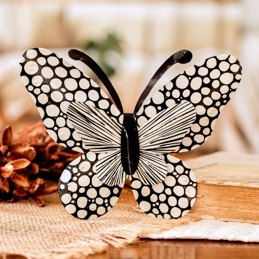 Speckled Butterfly-Shaped Steel Wall Art in Black and White 'Flutter in the Moonlight'