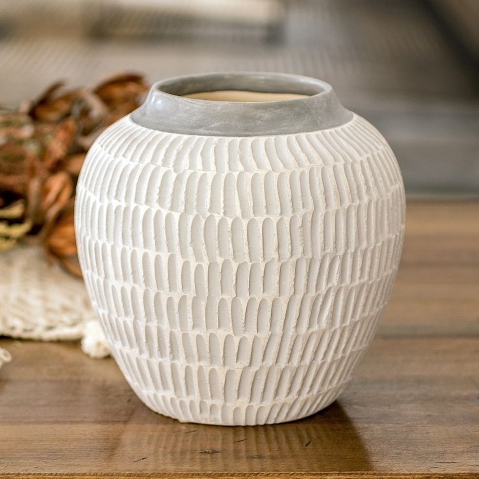 Modern Textured Ceramic Vase with Hand-Painted Grey Accents 'Floral Universe in Grey'