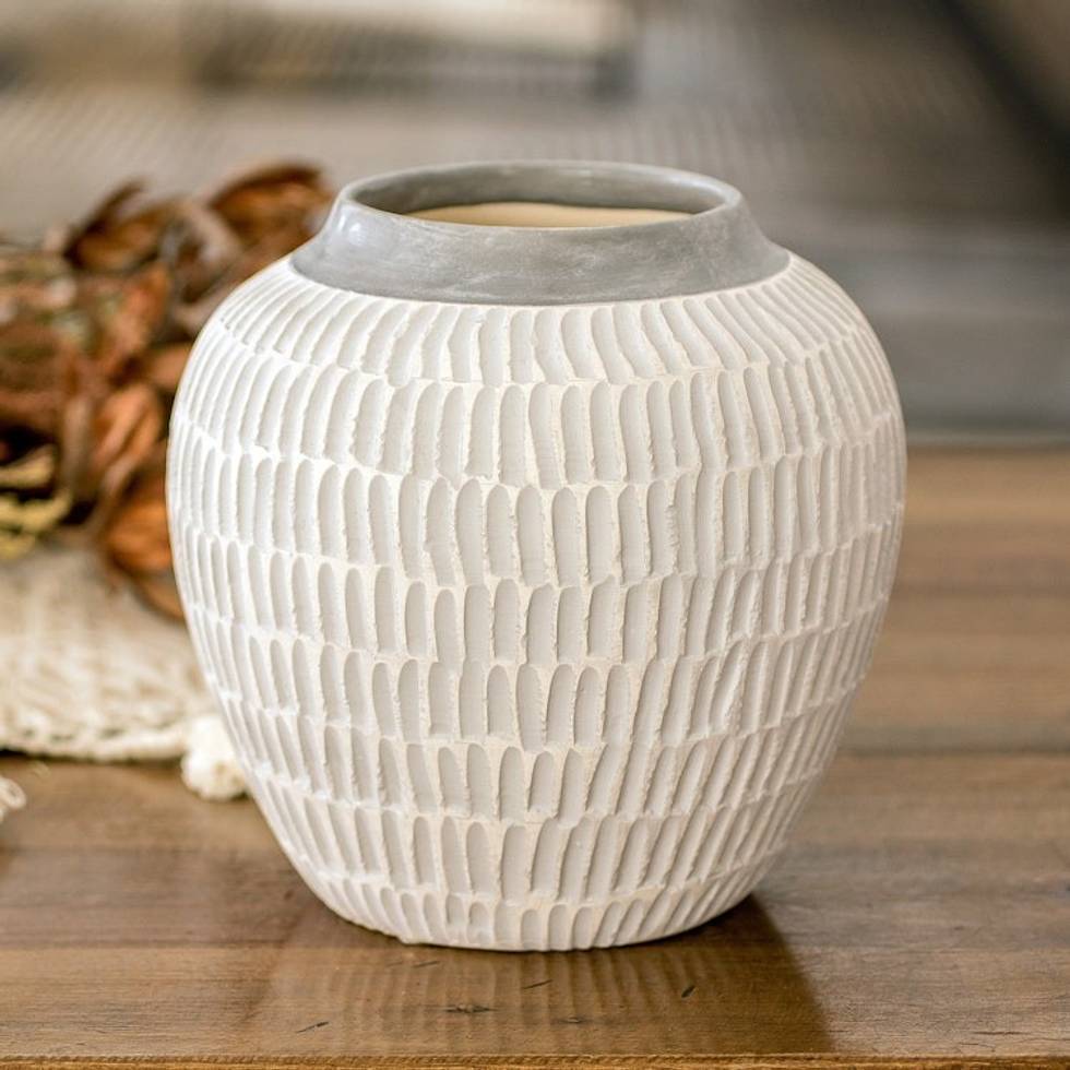 Modern Textured Ceramic Vase with Hand-Painted Grey Accents 'Floral Universe in Grey'