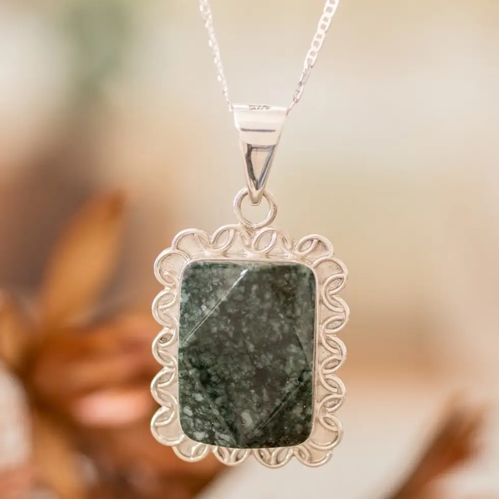 Silver Necklace with Faceted Dark Green Jade Pendant 'Dark Green Daisy'