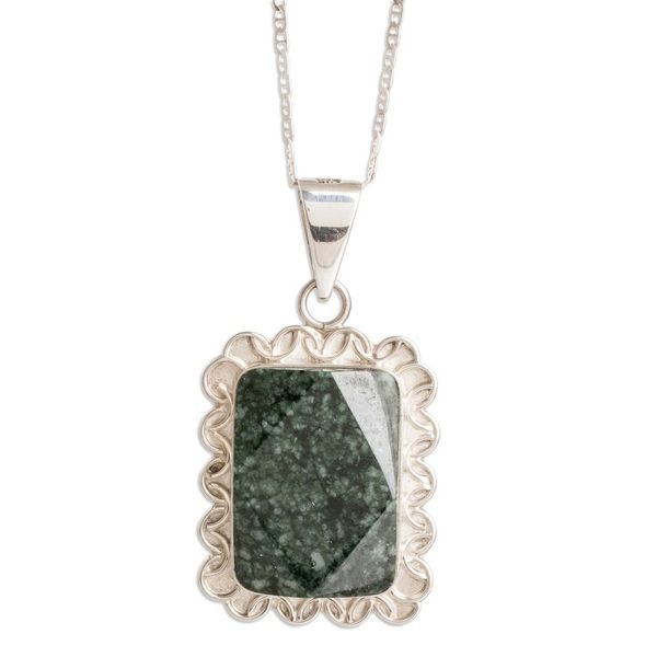 Alternate image for Silver Necklace with Faceted Dark Green Jade Pendant Dark Green Daisy